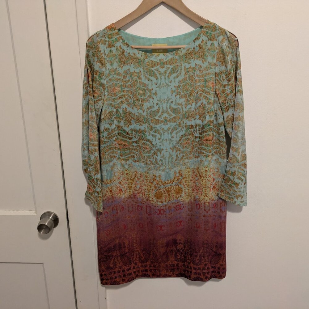 Anthropologie Maeve "Cleome" Turquoise Ombre Silk Open Sleeve Shift Dress - Picture 2 of 11